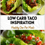 Close-up of Lettuce Wrapped Tacos with turkey, salsa, and lime wedges on a white plate.